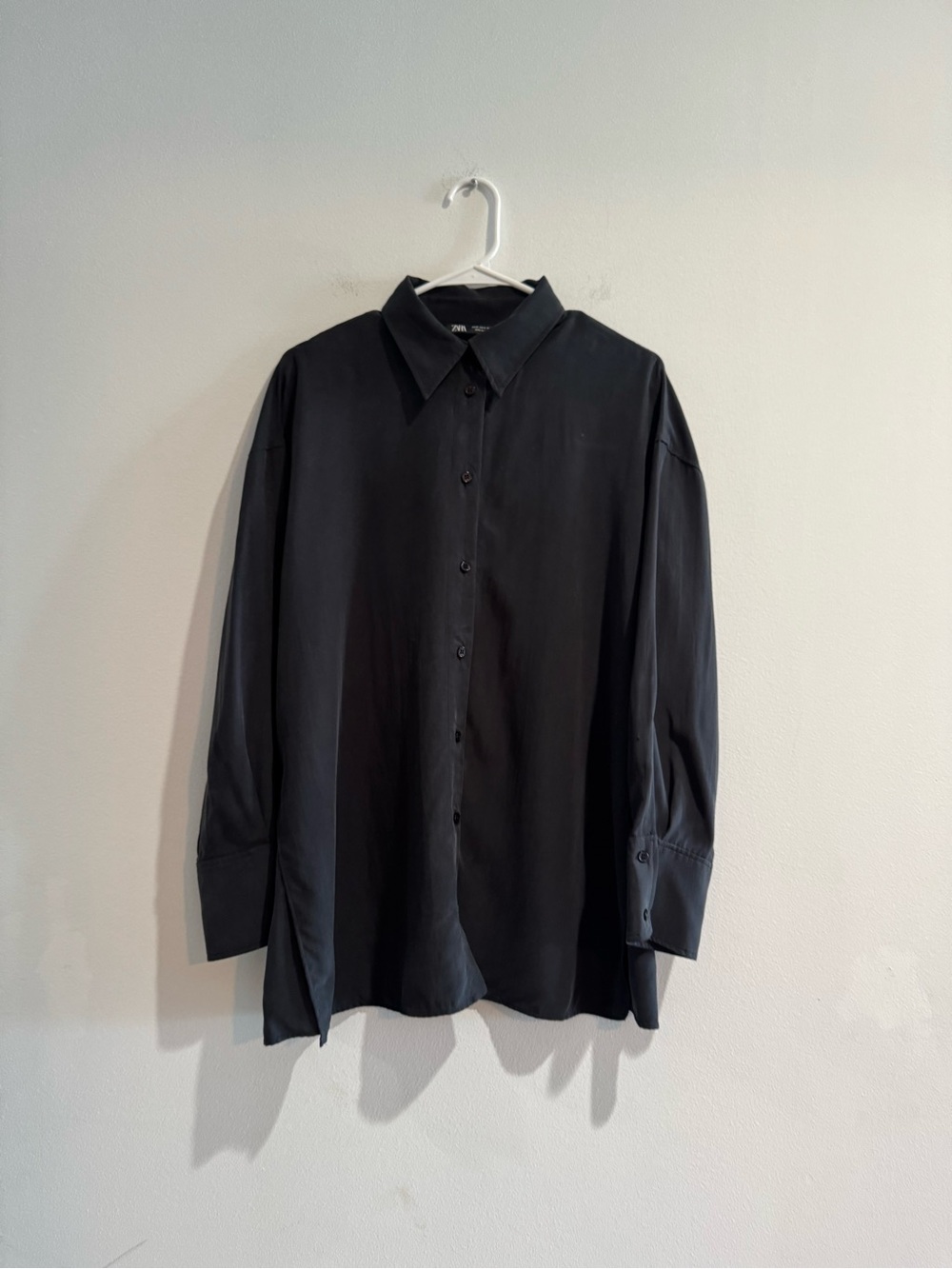 Zara Black Suede Feel Modal Button Down Blouse NWOT Small - Picture 1 of 2